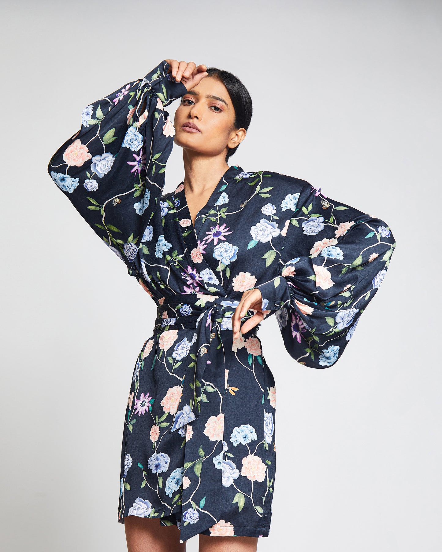 Rosa Kimono Navy- Short Satin Kimono